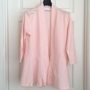 Kim Rogers Light Cardigan M Open front Pink White Stripes 3/4 Sleeves New